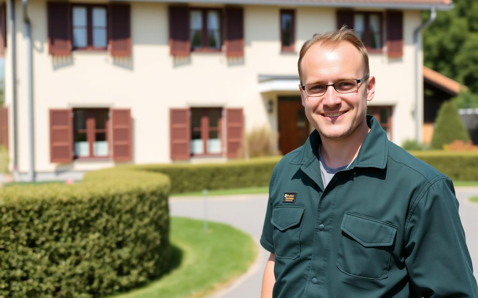 Mitarbeiter von Hausmeister Mo vor einem gepflegten Wohnhaus